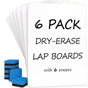 Scribbledo 6 Pack Small White Board Dry Erase Classroom Pack Boards 9"x12” Personal Whiteboards for Students Teachers School Supplies Lapboards l 6 Mini Whiteboard Erasers Included